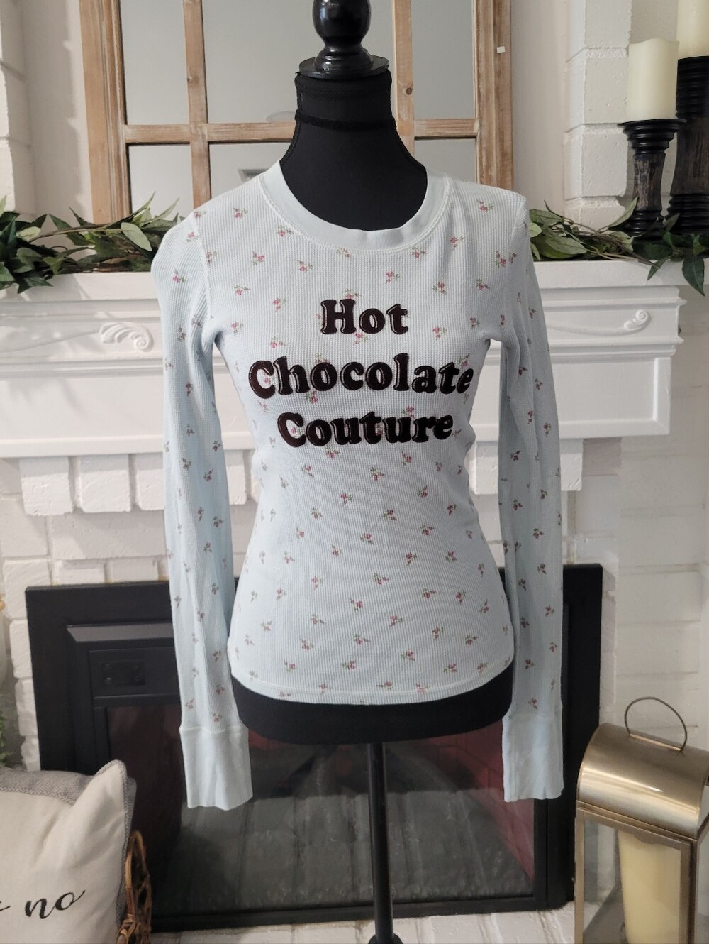 Vintage Juicy Couture Blue Ditzy Floral 'Hot Chocolate Couture' Long Sleeve Tee